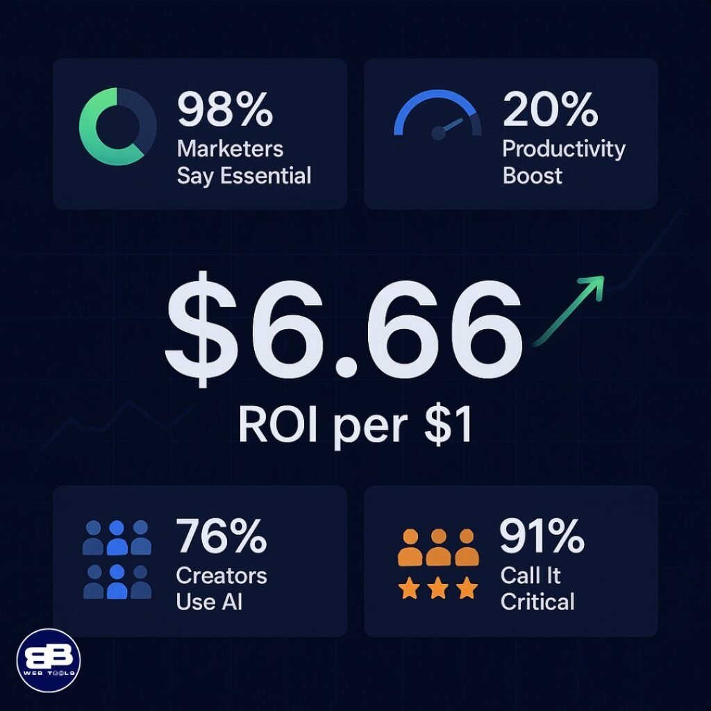 Content automation ROI dashboard showing $6.66 return per dollar and 98% marketer adoption rate