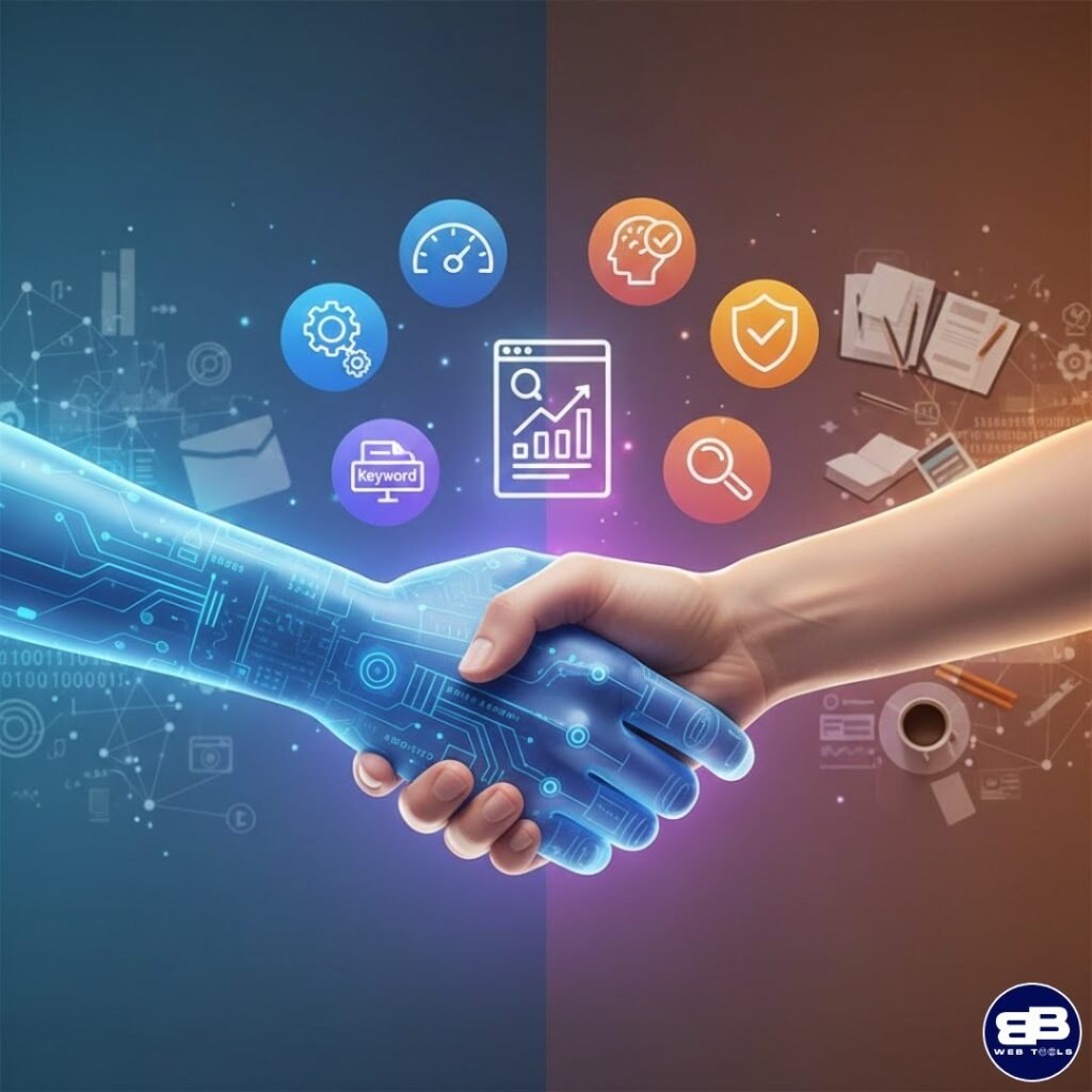 Visual metaphor of AI and human collaboration in content creation showing balanced partnership