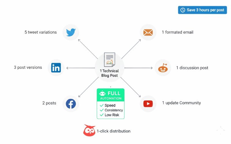 Content distribution diagram showing one blog post repurposed across six social media platforms