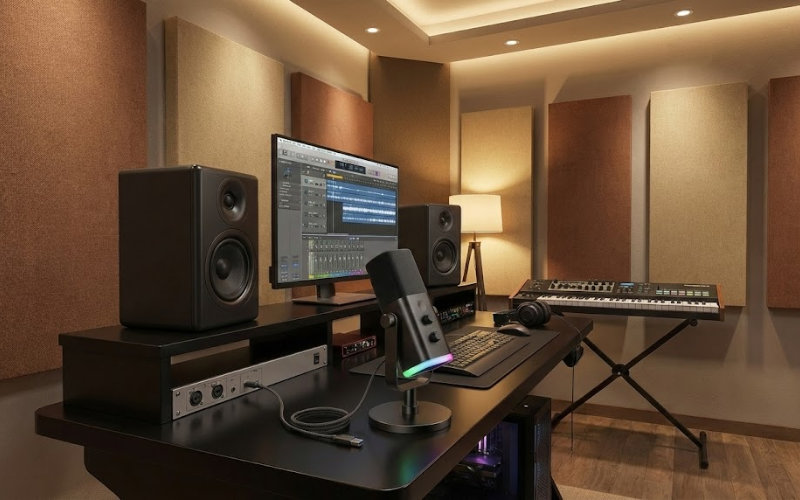 Modern home studio setup with equipment FIFINE AM8 Mic