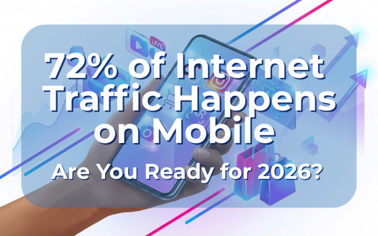 Mobile marketing trends 2026 showing smartphone with social media apps, AR shopping, and live streaming icons