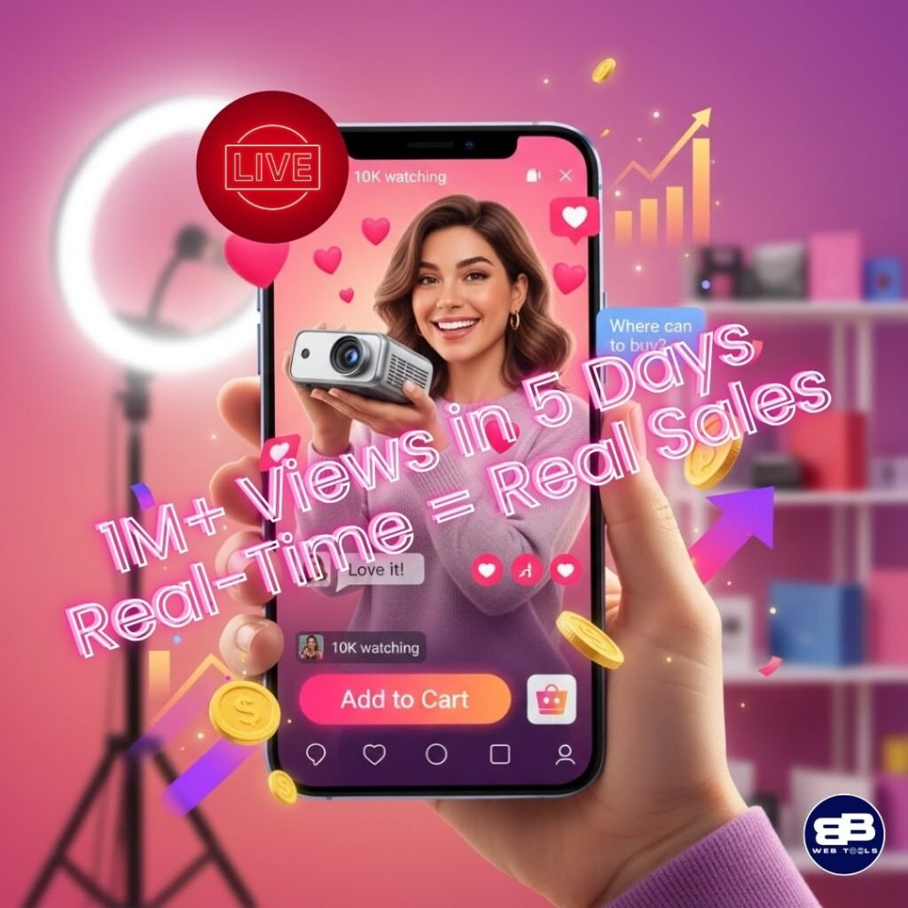 Live streaming commerce showing influencer demonstrating product with real-time engagement metrics and shopping links