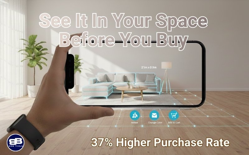 Augmented reality shopping experience showing furniture visualization in home through mobile phone AR technology