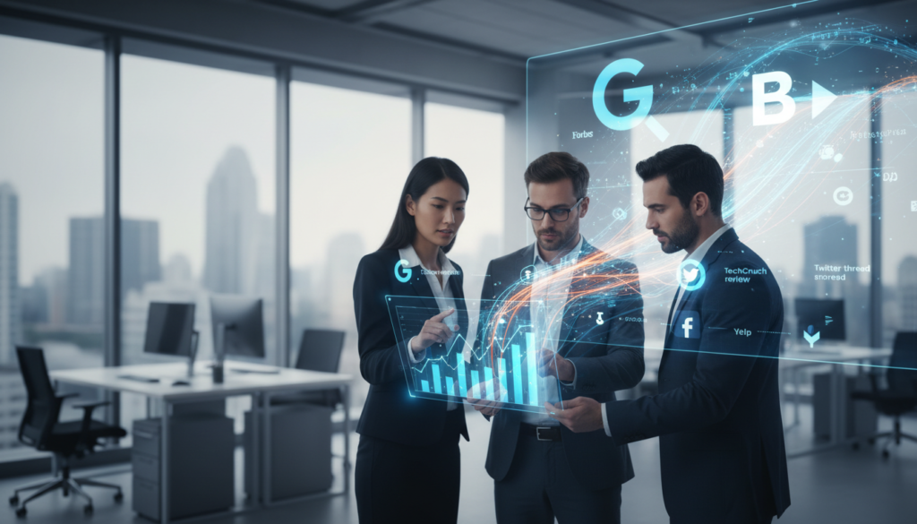 A dynamic digital marketing scene showcasing brand citations in search rankings. In the foreground, a diverse group of three professionals in business attire is discussing strategies; one is pointing at a digital tablet displaying fluctuating graphs with brand logos. In the middle, visualize abstract representations of brand citations flowing like streams of data, intertwining and leading towards search engine icons. In the background, a sleek office setting with large windows, soft natural light illuminating the space, and blurred outlines of a city skyline. The atmosphere should convey a sense of innovation and urgency, emphasizing the pivotal shift in digital marketing trends towards brand citations. Use a wide-angle lens to capture the expanse of the teamwork and the data-driven environment.