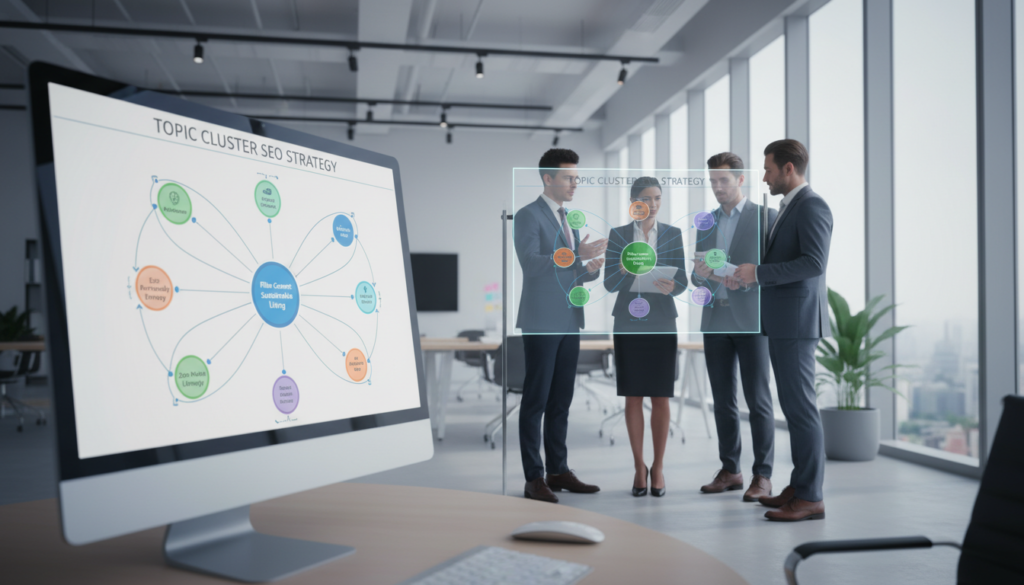A modern, visually engaging infographic illustrating a Topic Cluster SEO Strategy Framework. In the foreground, a sleek digital workspace featuring a computer screen displaying interconnected topic clusters, each represented by colorful nodes and lines symbolizing relationships. In the middle layer, a diverse group of professionals in business attire, discussing strategies and analyzing the framework on a large digital whiteboard. The background showcases a contemporary office setting with large windows letting in soft natural light, enhancing the productive atmosphere. Use a wide-angle perspective to include depth and focus on the collaborative effort. The mood should be dynamic and innovative, reflecting the evolution of SEO strategies towards topic ecosystems, with a clear emphasis on teamwork and technology.
