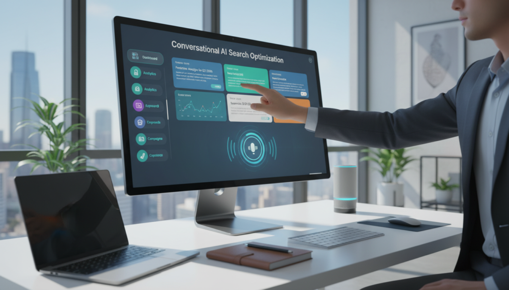 A sleek and modern conversational AI search optimization interface displayed on a high-resolution desktop monitor. In the foreground, a user, depicted in professional business attire, interacts with the interface using a touchscreen. The interface showcases sleek digital elements like voice input options, AI-driven search results, and intuitive navigation menus with vibrant colors and clear icons. In the middle ground, the workspace includes a stylish desk setup with a laptop, a notepad, and a smart speaker. The background features a contemporary office environment with large windows letting in natural sunlight, creating a bright and productive atmosphere. Soft shadows and highlights evoke a feeling of innovation and efficiency, suggesting a powerful tool for digital marketing in 2026.