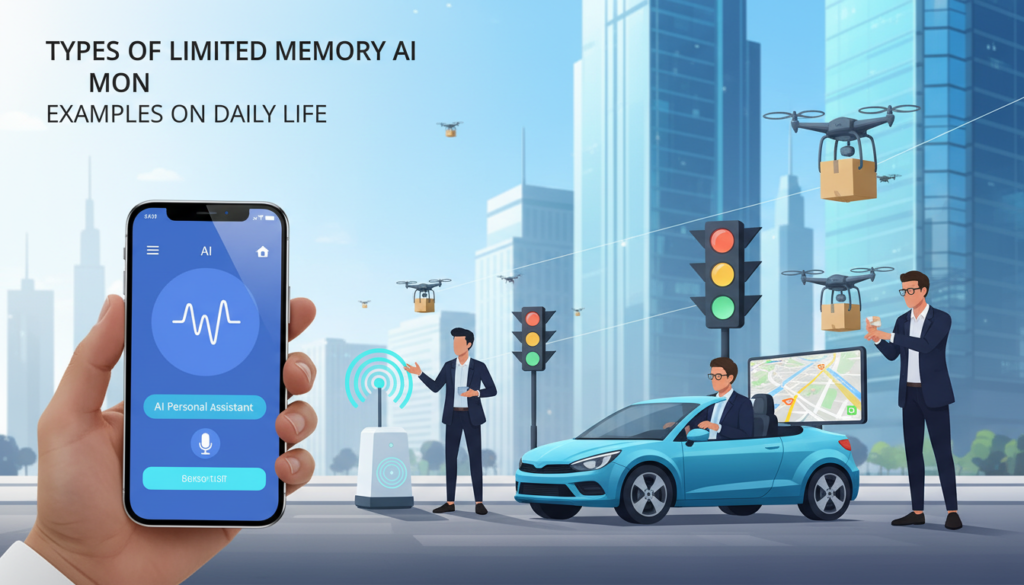 A visually striking infographic illustrating types of Limited Memory AI and examples of AI technology used in daily life. In the foreground, depict a sleek, modern smartphone showcasing an AI-powered personal assistant interface. In the middle ground, feature diverse individuals in professional attire interacting with AI tools, such as a smart home device and a self-driving car. In the background, illustrate an urban environment with smart city elements like automated traffic signals and drones. Use bright, inviting colors to create an optimistic and innovative mood. Apply soft, natural lighting for a professional look, with a focus on showcasing technology in an engaging and informative manner. Emphasize clarity and simplicity in design without any text or branding.
