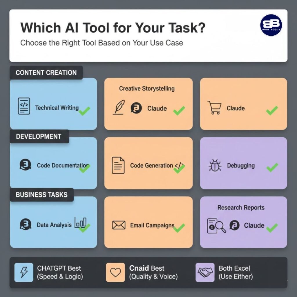 Decision matrix infographic showing which AI tool to use for different tasks - ChatGPT excels at technical writing and data analysis, Claude dominates creative storytelling and code generation, with 9 common use cases mapped to the best tool