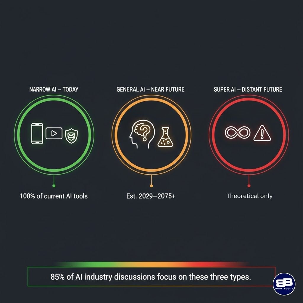 bold editorial-style infographic with a dark slate background and high-contrast accent colors (green, amber, red). Three large circular icons dominate the layout side by side: LEFT circle in green labeled 'NARROW AI &mdash; TODAY' with icons of a smartphone, Netflix logo-style play button, and email shield. CENTER circle in amber labeled 'GENERAL AI &mdash; NEAR FUTURE' showing a brain with a question mark and a research flask icon. RIGHT circle in red labeled 'SUPER AI &mdash; DISTANT FUTURE' showing a glowing infinity symbol and a warning triangle. Below each circle: a stat callout &mdash; '100% of current AI tools', 'Est. 2029&ndash;2075+', 'Theoretical only'. A horizontal bar at the bottom reads: '85% of AI industry discussions focus on these three types.' Clean magazine-style typography mixing bold headers with small descriptive text. High contrast, professional data visualization style.