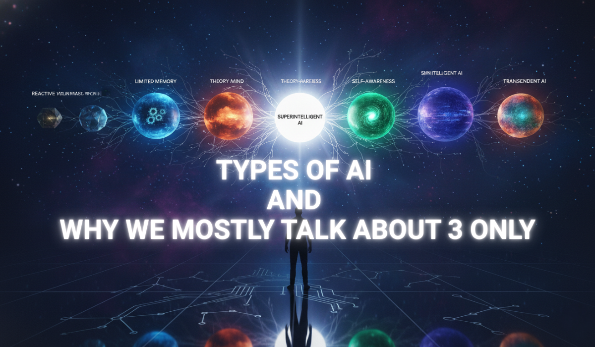 A cinematic, hyper-detailed digital illustration of a glowing neural network branching into seven distinct luminous orbs, each representing a different form of artificial intelligence, floating in a deep cosmic void blending midnight blue and electric violet.