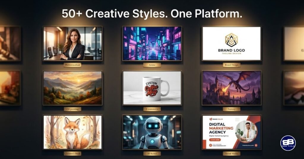 Artistly.ai output quality showcase &mdash; 50+ creative styles including photorealism, anime, oil painting, product mockups and logo design