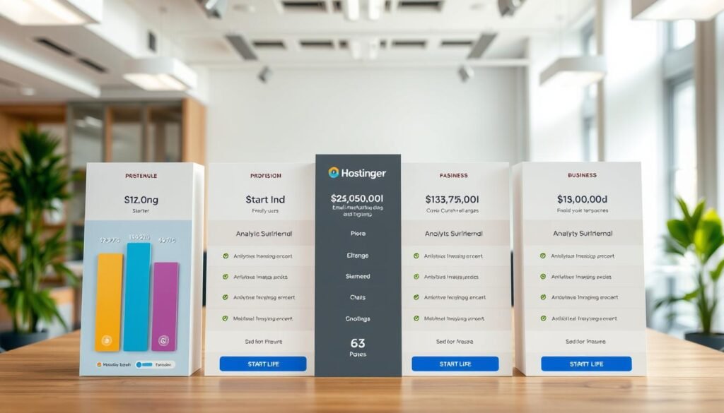 A detailed pricing comparison chart for affordable email marketing tools, prominently featuring Hostinger Reach. In the foreground, display colorful bar graphs illustrating different pricing tiers, alongside icons representing key features like analytics, automation, and templates. In the middle ground, include a visually appealing layout with distinct sections labeled for each pricing plan &ndash; Starter, Professional, and Business. The background should be a clean, professional office environment with soft, natural lighting creating a bright, inviting mood. Use a slight overhead angle to give depth to the comparison chart while ensuring clarity in data presentation. The overall atmosphere should be informative and engaging, suitable for potential users seeking affordable email marketing solutions.