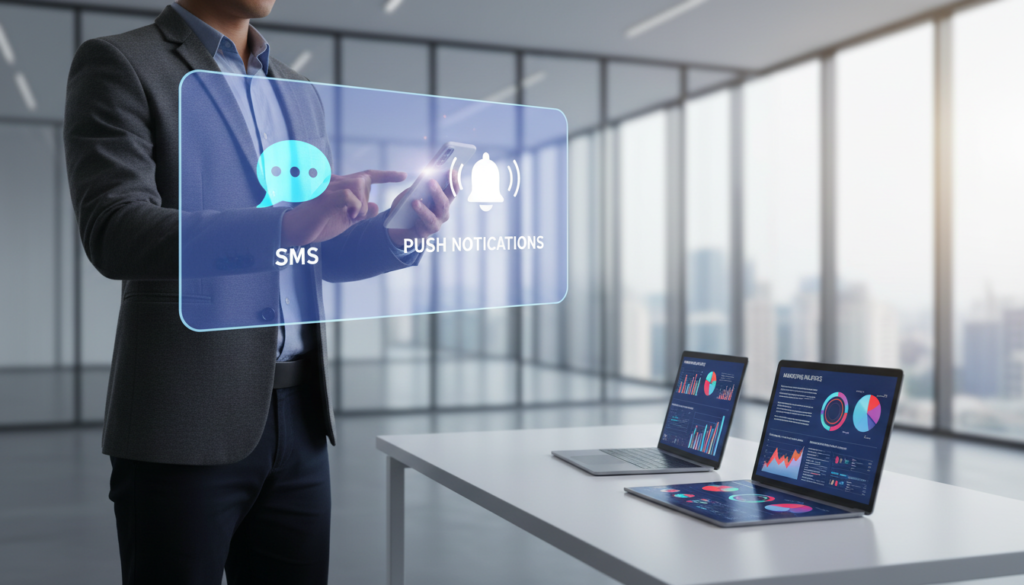A high-tech office environment featuring a professional businessperson in smart casual attire, interacting with a large, transparent digital screen displaying vibrant icons of SMS and push notifications. In the foreground, the businessperson is tapping on a smartphone, illustrating the seamless integration of messaging platforms. The middle ground includes a sleek desk with a laptop and digital tablets showing graphs and analytics related to marketing performance. The background presents a modern, stylish office with glass walls, soft natural light streaming in, creating an inviting atmosphere. Use a slightly blurred depth of field to emphasize the businessperson and the digital screen, while maintaining a clean and professional look throughout the composition.