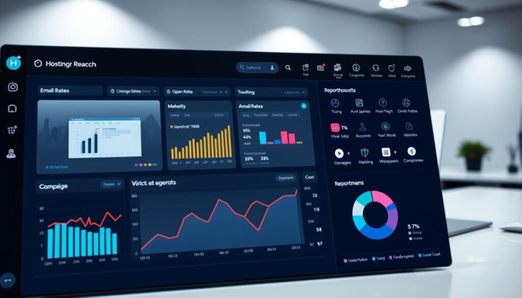 A modern and sleek email marketing dashboard interface inspired by Hostinger Reach, prominently featuring various analytical widgets and charts. In the foreground, highlighted elements such as a user-friendly graph displaying email open rates and click-through statistics, along with colorful, visually appealing performance metrics. In the middle ground, a sidebar showcasing campaign management tools with icons for targeting, automation, and reporting. The background includes a clean workspace layout with soft, diffused lighting creating a professional atmosphere. Use a wide-angle perspective to emphasize the dashboard's functionality and modern design, evoking a sense of productivity and effectiveness in email marketing. The overall mood should convey a tech-savvy and efficient digital marketing environment.