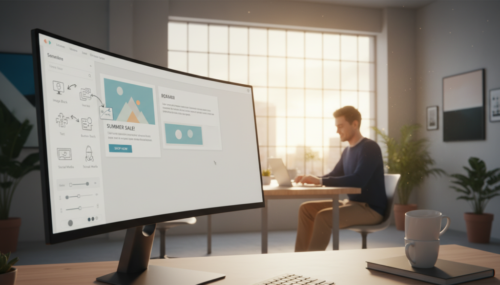 A modern, user-friendly drag and drop email editor interface displayed on a sleek, high-resolution computer screen in a well-lit office environment. In the foreground, prominent elements of the email builder are visible, such as customizable blocks for images, text, and buttons, with hand-drawn icons representing easy adjustments. The middle layer features a soft-focus view of a focused professional, dressed in business casual attire, using a laptop, showcasing engagement with the editing process. In the background, a stylish, minimalistic office with large windows allowing natural light to stream in, creating an inspiring and productive atmosphere. The image should evoke a sense of innovation, efficiency, and creativity, highlighted by warm lighting and a clean, organized workspace.