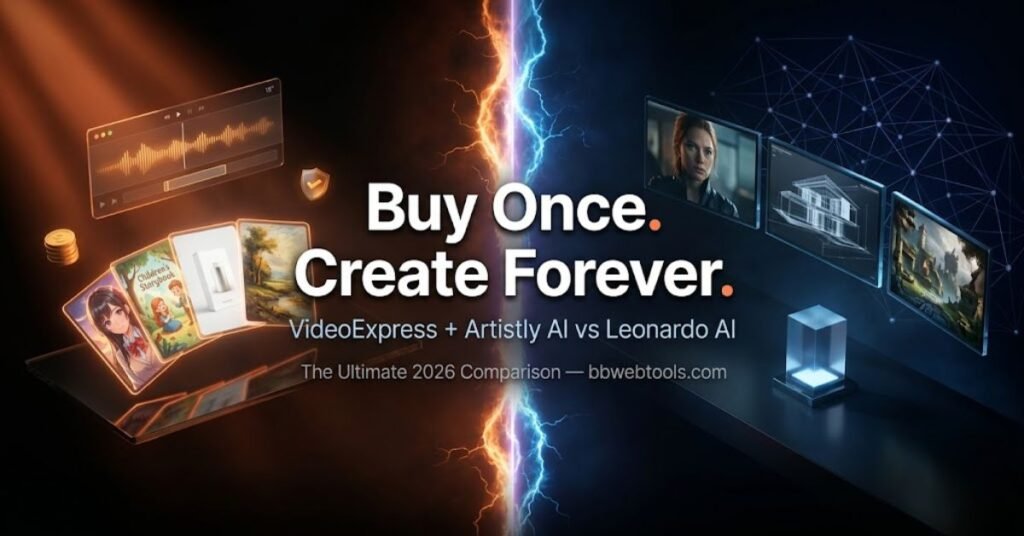 VideoExpress + Artistly AI vs Leonardo AI Cinematic split comparison showing the warm creative workflow of VideoExpress and Artistly AI on the left versus the cool precision of Leonardo AI's professional studio on the right