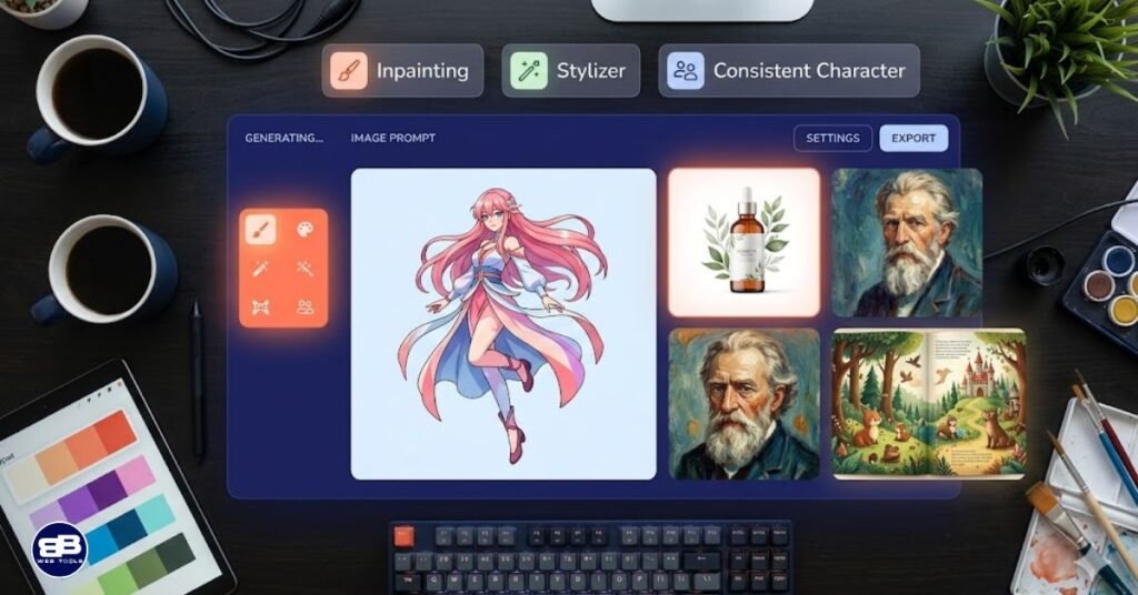 VideoExpress + Artistly AI vs Leonardo AI Artistly AI creative workspace showing image generation, inpainting, consistent character, and stylizer tools in one dashboard