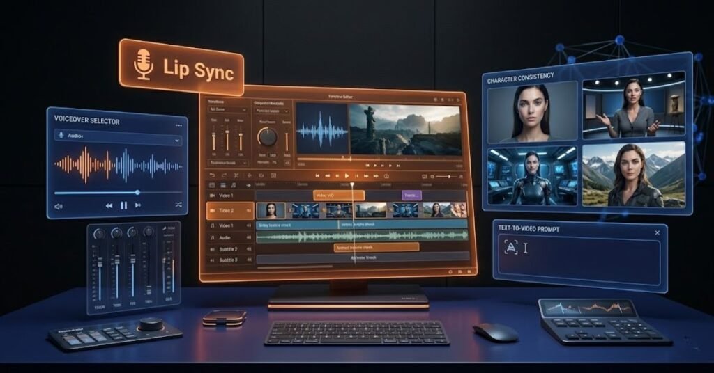 VideoExpress AI dashboard showing timeline editor, AI voiceover selector, lip sync tool, and consistent character video scenes