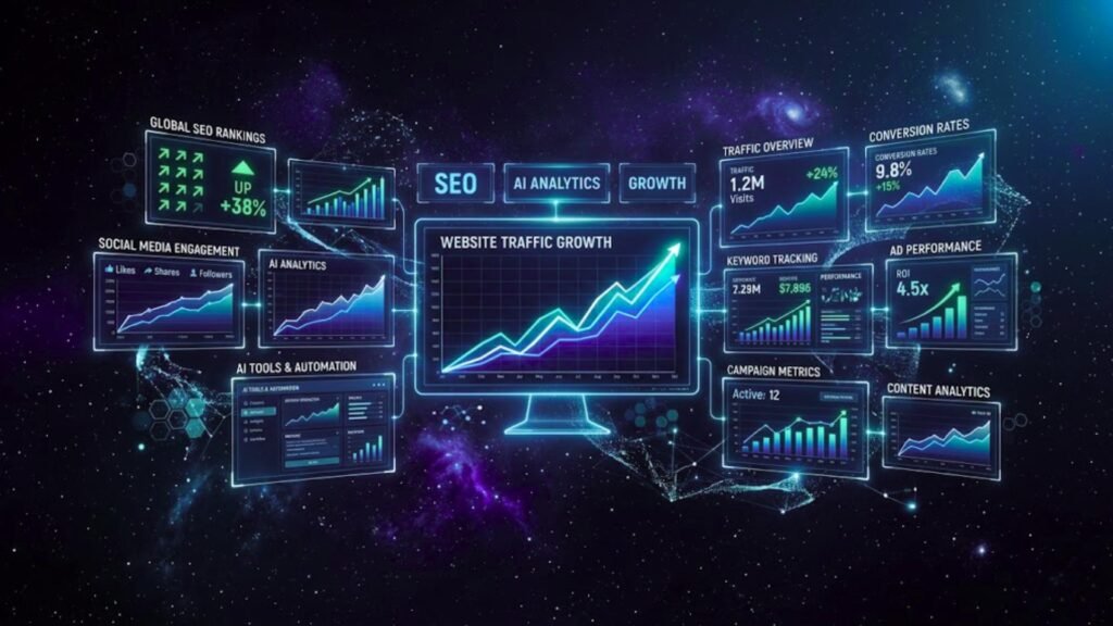 bbwebtool.com home page Digital marketing dashboard with SEO analytics, AI tools, and growth metrics on holographic screens