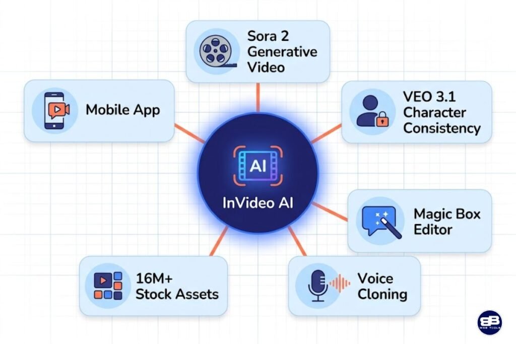 InVideo AI feature ecosystem diagram showing Sora 2, VEO 3.1, Magic Box editor, voice cloning, 16 million stock assets, and mobile app capabilities
