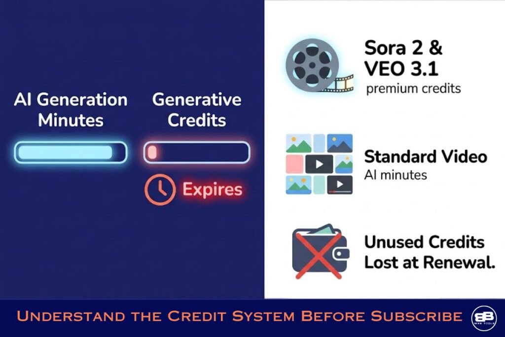 InVideo AI credit system explained &mdash; infographic showing AI generation minutes, generative credits, and unused credit expiry risk for subscribers