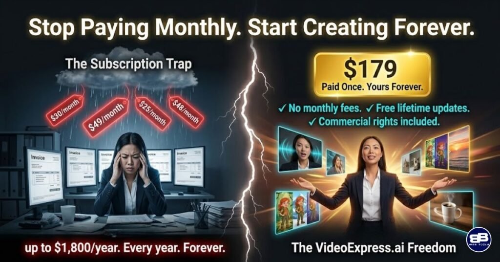 VideoExpress.ai $179 one-time lifetime deal compared to expensive monthly subscription video tools costing over $1,800 per year