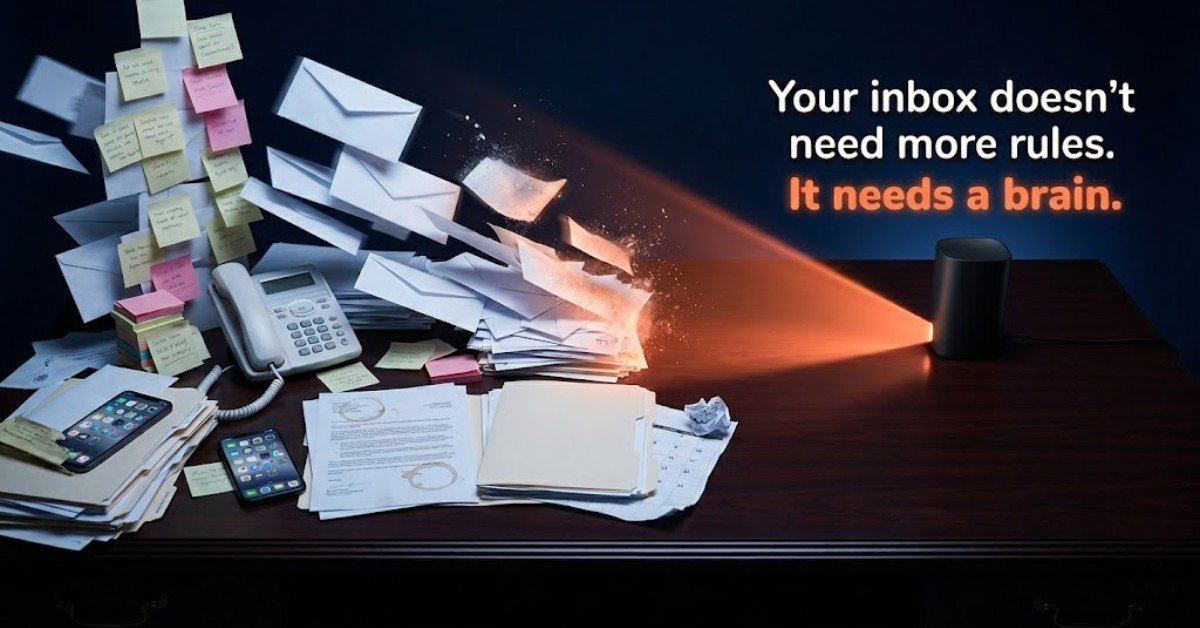 Chaotic desk buried in emails and lead papers being dissolved by a beam of orange AI light, with the headline "Your inbox doesn't need more rules. It needs a brain." — hero image for the Lindy AI review 2026 on BBWebTools.com