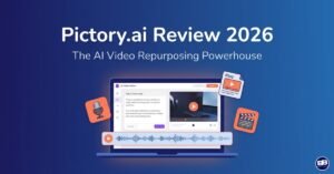 Pictory.ai Review 2026 &mdash; AI video creation platform showing script-to-video, URL-to-video and audio-to-video workflows on a laptop screen