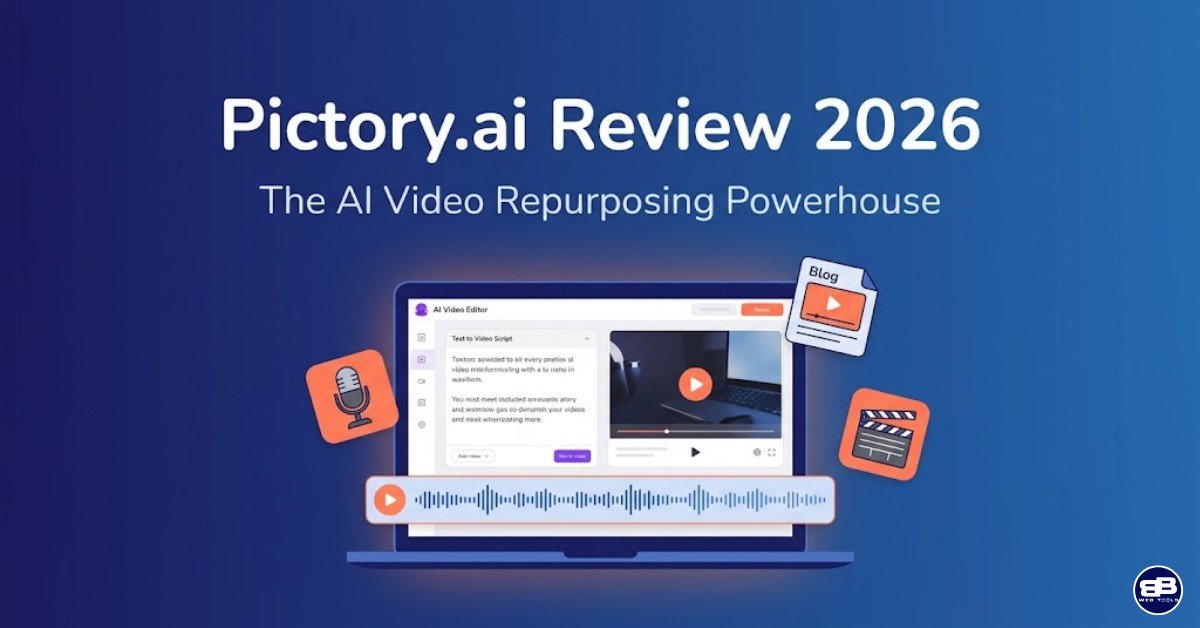 Pictory.ai Review 2026 — AI video creation platform showing script-to-video, URL-to-video and audio-to-video workflows on a laptop screen