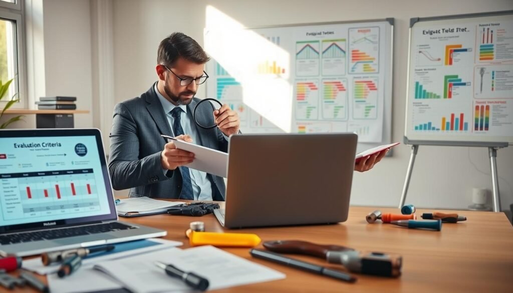 A bright, modern office workspace showcasing a professional tool review evaluation criteria setup. In the foreground, a wooden desk features neatly organized tools, specifications sheets, and a laptop displaying a tool comparison chart. The middle ground displays a focused professional in business attire, analyzing tools with a magnifying glass and jotting down notes in a notebook. Behind them, a whiteboard filled with colorful diagrams and evaluation metrics, lit by natural light pouring through a window. The atmosphere is one of concentration and expertise, conveying a sense of thoroughness and professionalism in tool evaluation. The scene captures the essence of a systematic approach to reviewing tools, emphasizing clarity and attention to detail.