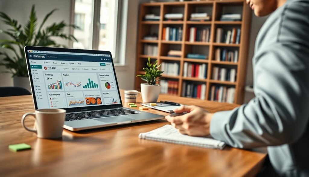 A clean, modern workspace with a sleek laptop open on a wooden desk, displaying a vibrant dashboard of free SEO tools for content optimization, such as graphs and keyword suggestions. In the foreground, a person in professional business attire is attentively reviewing the screen, taking notes on a notepad. The middle section features a tidy setup with a coffee cup, potted plant, and colorful sticky notes scattered around. The background shows a softly blurred bookshelf filled with marketing and SEO books. Bright, natural lighting streams through a nearby window, creating a productive and focused atmosphere. The mood is one of diligence and innovation, emphasizing the importance of utilizing effective tools before launching content. The image should be clear and highly detailed, with emphasis on the harmony of the workspace elements.