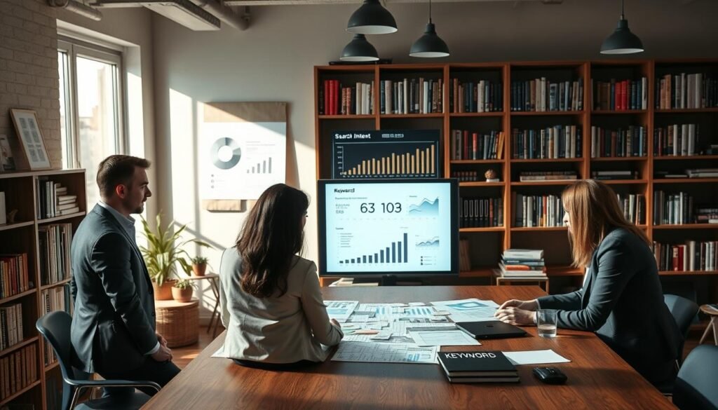 A detailed workspace scene illustrating the keyword research and search intent optimization process. In the foreground, a diverse team of three professionals in business attire are gathered around a large wooden table, analyzing charts, graphs, and sticky notes with keywords written on them. The middle section features a large digital screen displaying search intent metrics and trend analysis, glowing softly. In the background, shelves filled with books on SEO and digital marketing create a cozy, studious atmosphere. Natural light pours in through a nearby window, casting gentle shadows. The mood is collaborative and focused, emphasizing teamwork and innovation in digital marketing strategies.