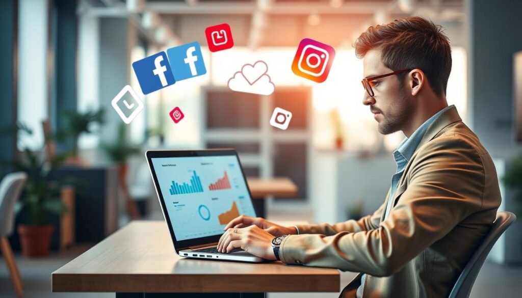 A vibrant and engaging social media promotion scene for a tool comparison platform. In the foreground, a professional individual in smart casual attire is using a laptop, surrounded by charts and analytics displaying tool comparisons on the screen. In the middle, visually striking social media icons (like Facebook, Twitter, Instagram) hover above, symbolizing outreach. In the background, a bright and modern office space with soft natural lighting creates a productive atmosphere. Use a shallow depth of field to keep the focus on the individual and the laptop, while blurring the office surroundings. The mood is energetic and motivating, reflecting the innovative spirit of promoting a tool comparison platform effectively across social media channels.