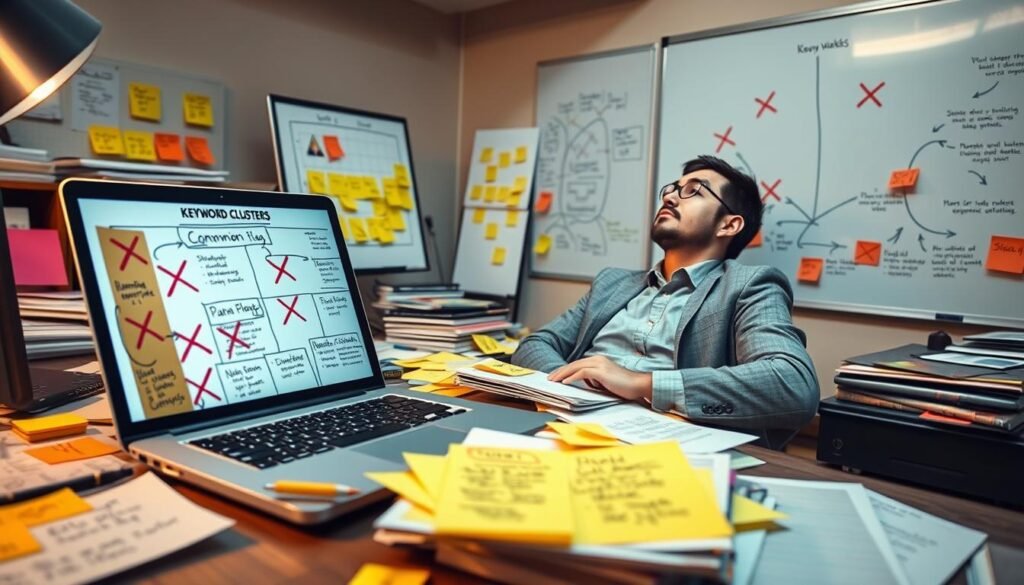 A cluttered office desk scene, featuring an overworked blogger surrounded by disorganized sticky notes and charts depicting keyword clusters. In the foreground, a laptop is open, showing a chaotic flowchart of keywords with red crosses marking common mistakes. The middle ground includes papers scattered with annotations and diagrams highlighting flawed strategies. In the background, a whiteboard displays a confused keyword clustering map with arrows pointing in the wrong directions. The lighting is bright yet slightly dimmed, creating a focused atmosphere. A professional individual in business casual attire leans back in frustration, contemplating solutions. The overall mood conveys a sense of chaos and urgency, emphasizing the need to avoid common pitfalls in keyword clustering.