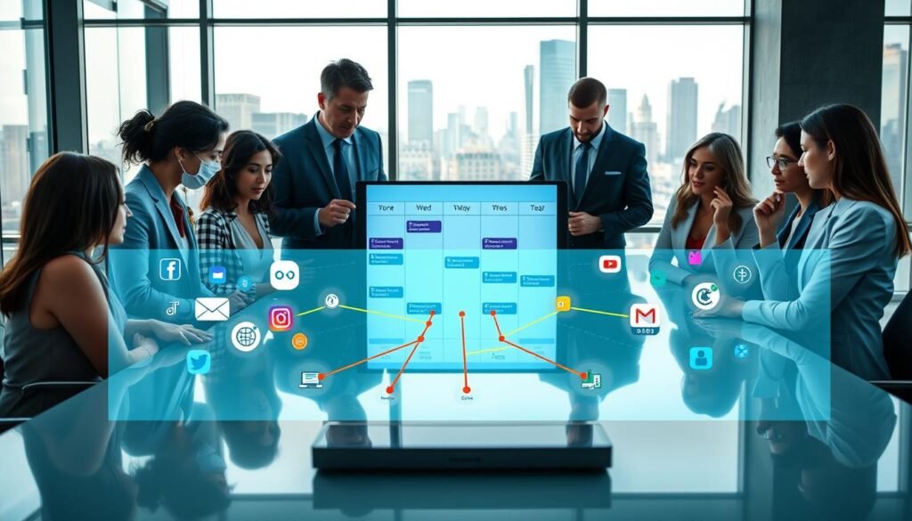 A modern workspace scene depicting content scheduling strategies across multiple digital platforms. In the foreground, a diverse group of professionals in business attire are collaborating around a sleek conference table, examining a large digital calendar displayed on a screen. The middle layer features various graphic elements like icons representing social media platforms, email logos, and video content symbols, interconnected by colorful lines symbolizing a strategic flow. The background shows large windows with a city skyline, allowing natural light to illuminate the room and create a vibrant atmosphere. The composition should evoke a sense of teamwork and creativity, with a focus on technology and organization, captured in a slightly elevated angle to enhance depth.