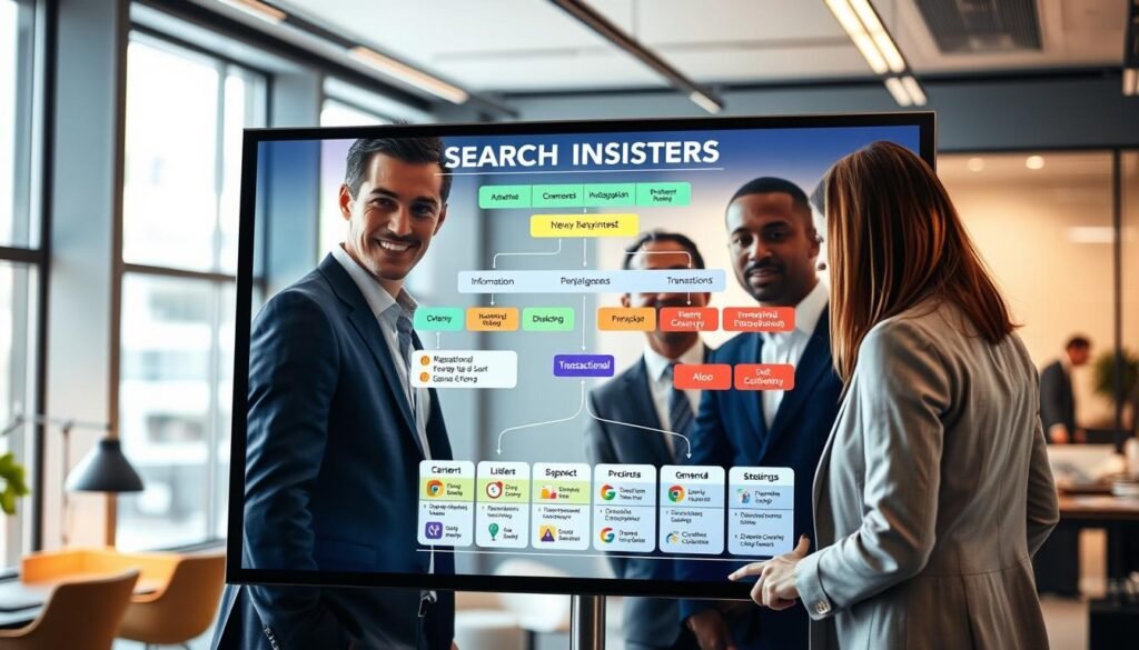 A professional workspace visualizing the search intent optimization mapping process for SEO. In the foreground, a diverse group of three professionals in business attire collaborates around a large digital touchscreen displaying colorful keyword clusters and search intent categories. In the middle, a detailed flowchart connects varying types of search intents such as informational, navigational, and transactional, with vibrant icons illustrating user goals. The background features a sleek, modern office environment with large windows letting in soft daylight, highlighting a high-tech atmosphere. The lighting is bright and inviting, evoking a sense of innovation and teamwork. The overall mood is focused and productive, capturing the essence of strategic keyword mapping in digital marketing.