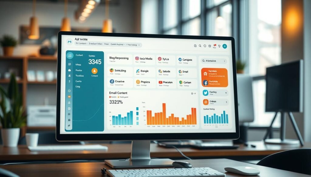 A sleek, modern AI writing assistant dashboard interface displayed on a high-resolution computer screen. The foreground features vibrant graphs and data visualizations showcasing content performance metrics, with icons representing various social media platforms. In the middle, a clean and intuitive user interface with tabs for blog repurposing, social media scheduling, and email content creation. The background depicts a contemporary workspace with soft lighting, emphasizing a productive atmosphere. The scene captures reflections of light and a slight depth of field through a lens with a shallow focus to highlight the dashboard&rsquo;s features. The overall mood is professional and innovative, emphasizing efficiency and creativity in content management.