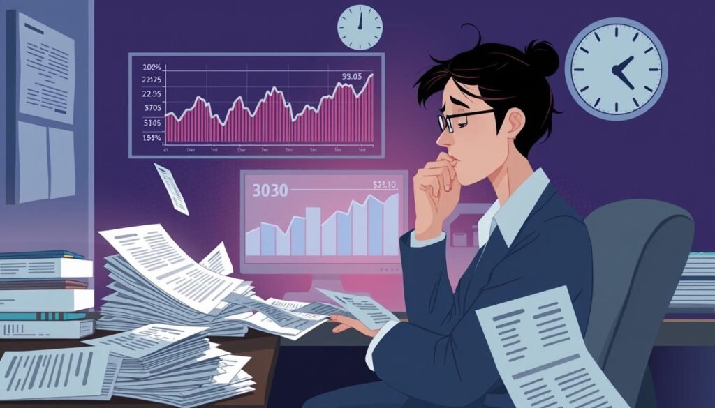 A thoughtful illustration depicting subscription fatigue and rising costs. In the foreground, a person in professional business attire sits at a desk cluttered with various subscription bills and notices, looking overwhelmed and contemplative. The middle ground features a digital screen displaying fluctuating graphs and rising costs, emphasizing the stress of monthly expenses. In the background, an office environment with dim lighting and a clock showing late hours sets a mood of exhaustion and anxiety. Soft, cool colors dominate, enhancing the sense of fatigue, while a faint light from the screen casts shadows on the person's face, highlighting their concern. The overall atmosphere captures the weight of financial pressure faced by individuals navigating the subscription model.