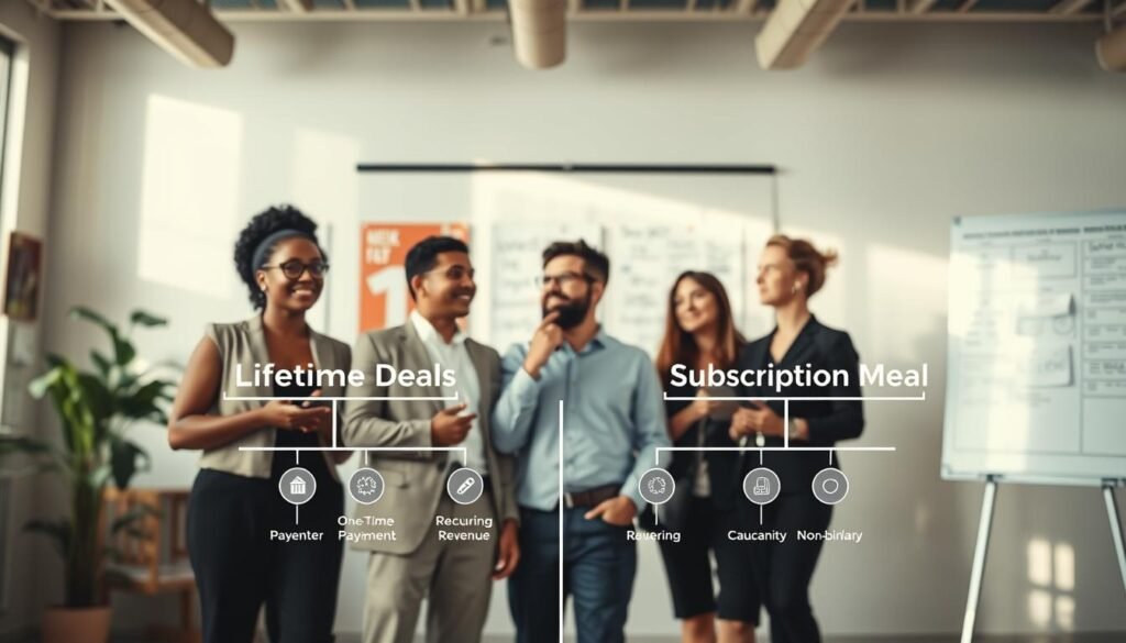 A visually striking and informative decision framework for creators comparing lifetime deals and subscription models. In the foreground, an elegantly designed flowchart is displayed, showcasing two diverging paths labeled "Lifetime Deal" and "Subscription Model," each adorned with icons representing features like "One-Time Payment" and "Recurring Revenue." The middle layer features a diverse group of creators, including a Black female content creator, a Hispanic male entrepreneur, and a Caucasian non-binary person, all engaged in thoughtful discussion, dressed in professional business attire. In the background, a modern workspace adorned with motivational posters and a whiteboard filled with brainstorming notes adds context. Soft, natural lighting illuminates the scene, creating an inviting and focused atmosphere. The image's perspective suggests an upward angle, conveying a sense of growth and strategic thinking.