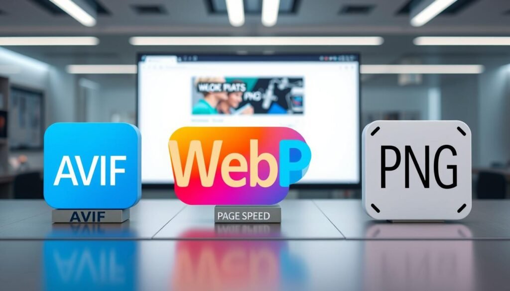 A detailed visual comparison of the AVIF, WebP, and PNG image formats arranged on a sleek table representing their unique features. In the foreground, large, vibrant icons of each format, with a clear, engaging design; AVIF on the left, showcasing sharper details, followed by WebP with a dynamic gradient look, and PNG featuring clean lines for clarity. In the middle ground, a soft-focus background of a computer screen displaying a webpage, highlighting the page load speed aspect. The lighting is bright and modern, with a slight glow to emphasize the formats. The atmosphere is professional yet approachable, reflecting a tech-savvy environment, ideal for readers seeking clarity on image formats without distraction or text overlays.