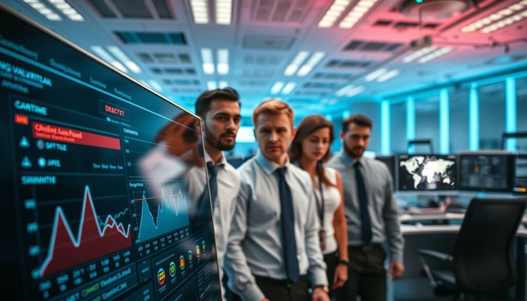 A high-tech office environment showcasing automated vulnerability scanners in action. In the foreground, a sleek digital interface displays live graphs and security metrics, with a focus on detected website security flaws highlighted in bright red alerts. In the middle, a diverse group of IT professionals in business attire intently study the results, displaying a mix of concentration and concern. The background features a modern workstation filled with multiple monitors and cybersecurity equipment, illuminated by soft, cool blue lighting to evoke a sense of urgency and technology. The atmosphere is tense yet focused, capturing the critical importance of proactive cybersecurity measures for vulnerable businesses and bloggers. The perspective is slightly angled, providing depth to the scene.