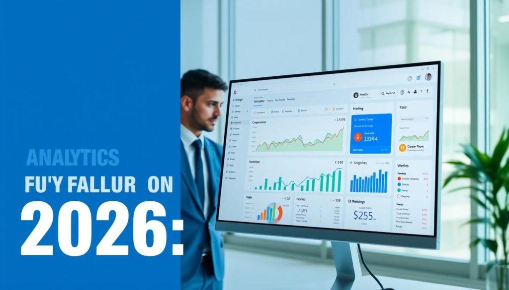 A modern WordPress analytics dashboard showcasing cookieless tracking metrics displayed on a sleek computer screen. In the foreground, the screen features vibrant graphs and data visualizations illustrating user interactions, conversion rates, and website performance metrics, all designed with a clean and user-friendly interface. The middle layer includes a professional individual in business attire, intently reviewing the dashboard, exuding a focused and determined expression. The background shows a minimalist office environment with soft natural lighting filtering through large windows, creating an atmosphere of productivity and innovation. The overall color palette is a blend of blues and greens, conveying a sense of trust and professionalism, emphasizing the future of analytics in 2026.