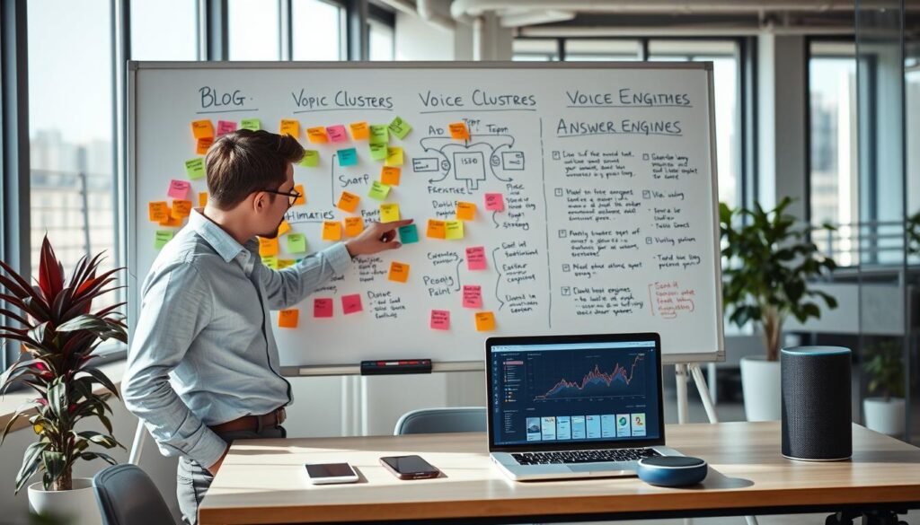 A modern office environment featuring a large whiteboard filled with colorful sticky notes and diagrams illustrating blog structure optimization for voice search and answer engines. In the foreground, a professional individual in smart casual clothing, focused on the whiteboard, pointing at key elements like topic clusters and SEO strategies. The middle layer includes a table with a sleek laptop displaying analytics data, surrounded by digital devices like smartphones and smart speakers, emphasizing the voice search aspect. In the background, the office has large windows allowing natural light to spill in, creating an inviting atmosphere. The mood is dynamic and innovative, highlighting the importance of adapting blog structures for modern search technologies.