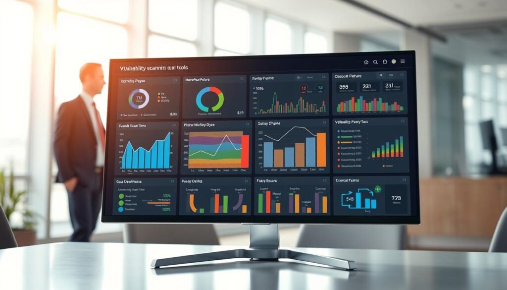 A sleek and modern vulnerability scanning tools comparison dashboard displayed on a high-resolution monitor. In the foreground, the dashboard features colorful graphs, charts, and side-by-side comparisons of various scanning tools, showcasing their effectiveness, scan time, and features in a user-friendly layout. The middle layer includes subtle UI elements like dropdown menus and filter options to enhance interactivity. The background is a soft-focus office environment with a blurred silhouette of a professional in business attire, emphasizing a tech-savvy atmosphere. Soft, natural lighting casts a warm glow on the dashboard, creating a professional and inviting mood. The angle captures a slight bird&amp;apos;s-eye view, illustrating the complexity and utility of the information presented without any text or distractions.