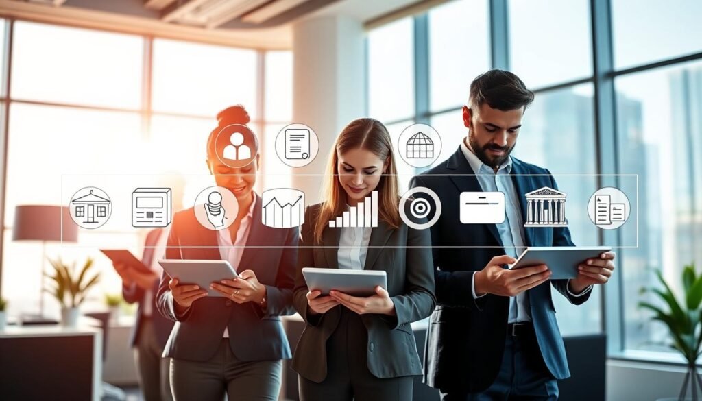 A visually striking and informative illustration showcasing cookieless measurement strategies for various business types. In the foreground, a professional team of diverse individuals in business attire, including a woman in a blazer and a man in a smart shirt, are analyzing data on sleek digital tablets. The middle layer displays various icons representing different business sectors&mdash;e-commerce, healthcare, and media&mdash;with charts and graphs that highlight analytics. The background features a modern office setting with large windows allowing natural light to flood in, creating a bright and optimistic atmosphere. The angle is slightly elevated, giving a clear view of the interaction between the data and the team. The overall mood is collaborative and forward-thinking, emphasizing privacy-focused analytics solutions for 2026.