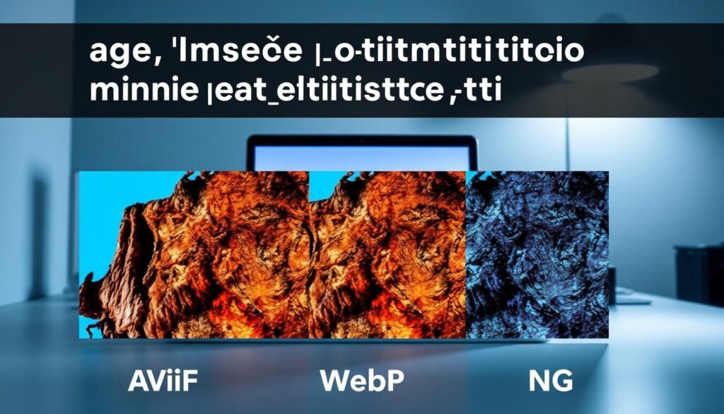 A visually striking comparison of image optimization techniques, featuring three distinct sections for AVIF, WebP, and PNG formats. In the foreground, display a detailed close-up of three sample images side by side, each showcasing a scene with vibrant colors and textures, illustrating quality differences. The middle ground includes subtle graphs or thumbnails representing file sizes next to each image, indicating performance metrics. In the background, a clean and modern workstation setting with soft, diffused lighting casts a professional atmosphere, giving focus to the images without distractions. The composition should feel informative yet visually appealing, inviting viewers to engage with the content while maintaining clarity and professionalism. Use a neutral color palette that highlights the image differences effectively.