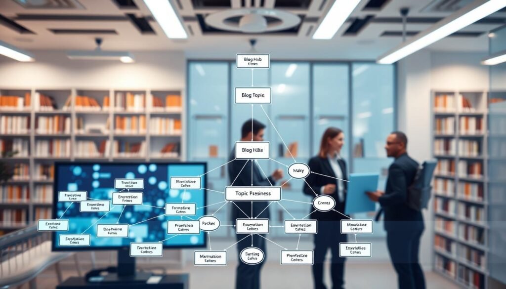 A visually striking diagram representing a high-performance topic hub structure, set in a professional office environment. In the foreground, a sleek digital interface displays interconnected nodes labeled with various blog topics, illustrating a network of content. The middle layer showcases a group of three diverse professionals in business attire, engaged in discussion while analyzing data on large screens. In the background, soft-focus bookshelf units contain organized reference materials, enhancing the knowledge-sharing atmosphere. The lighting is bright and modern, casting a clean, inspiring glow. The angle is slightly elevated, giving a comprehensive view of the hub's complexity and connectivity. The overall mood is energetic and focused, reinforcing the importance of topic-centric content organization.