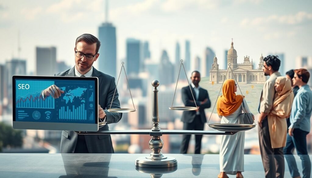 A conceptual illustration representing the conflict between traditional SEO and GEO strategies. In the foreground, a split scene: on one side, a professional in business attire analyzes digital graphs and charts on a computer screen, symbolizing SEO; on the other, a diverse group of people in modest attire discussing a map and local landmarks, symbolizing GEO. The middle ground depicts a scale balancing keywords on one side and geographical pins on the other. The background features a city skyline blended with digital elements, creating a modern atmosphere. Soft, natural lighting enhances the scene, with a slight depth of field focusing on the characters while the background remains gently blurred, conveying a sense of tension and balance.