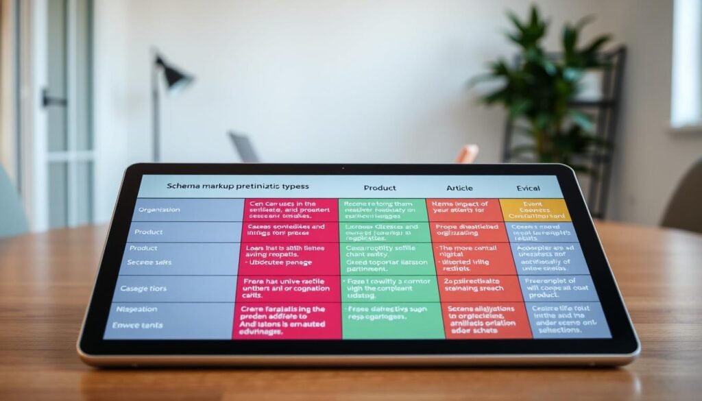 A detailed comparison table showcasing schema markup types for website metadata optimization, set against a clean, modern office background. In the foreground, a sleek digital tablet displays the table with various schema types, including Organization, Product, Article, and Event schemas. Each cell is color-coded to visually represent their use cases and real impacts on search results. The middle ground features a stylish desk with a laptop, and a potted plant for a touch of nature. Soft, diffused lighting illuminates the scene, creating a professional atmosphere. The angle is slightly above eye-level, giving a clear view of the table layout and inviting engagement. The overall mood is informative and focused, suitable for a technical audience.