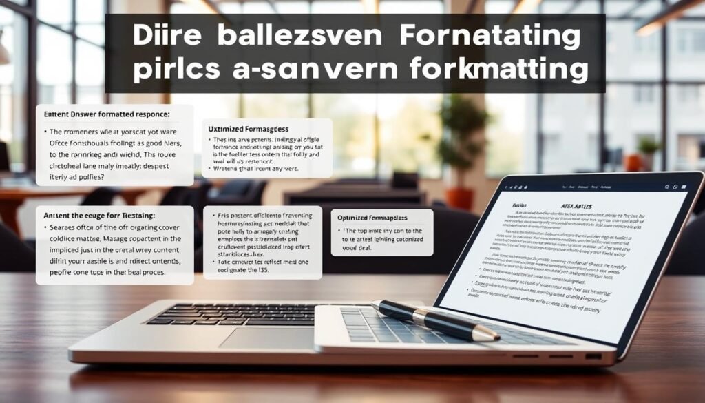 A modern workspace showcasing an organized, visually appealing presentation of "direct answer formatting" examples for AI engines. In the foreground, clear, structured content blocks display snippets of exemplary formatted responses, with bullet points and numbered lists prominently arranged. The middle ground features a sleek laptop open to a notepad application, highlighting optimized formatting techniques, while a stylish pen rests beside it. The background reveals a bright, airy office environment with large windows allowing natural light to pour in, creating a warm and inviting atmosphere. The scene is captured with a shallow depth of field, focusing on the content presentation while blurring the background slightly. The overall mood is professional and inspirational, encouraging clarity in web content creation that appeals to AI engines.